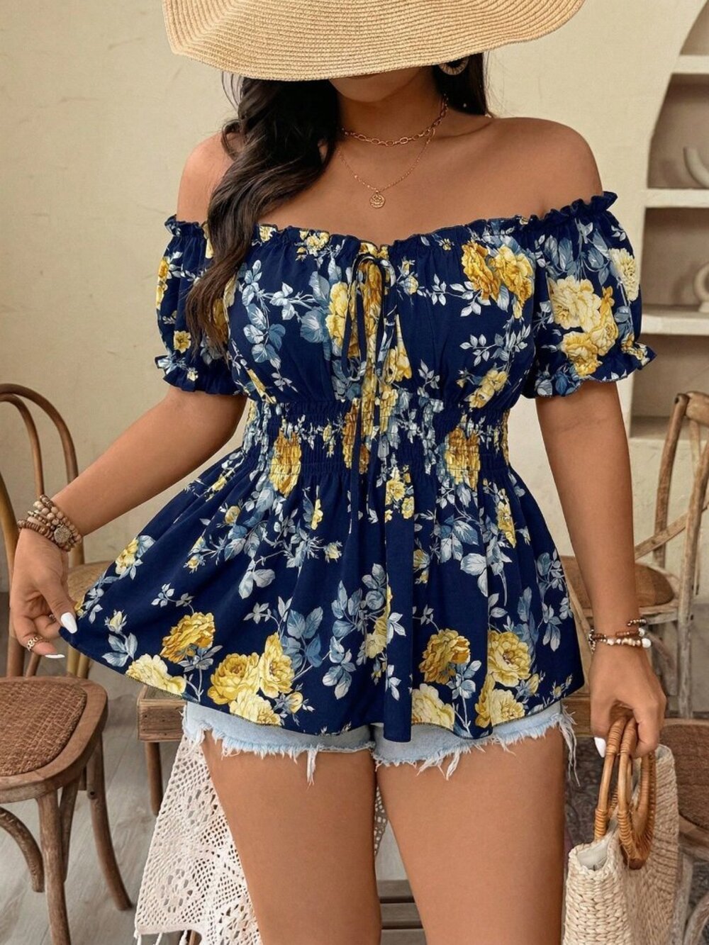 Blue and White Boho Women's Off The Shoulder Shirred Regular Fit Peplum Blouse
